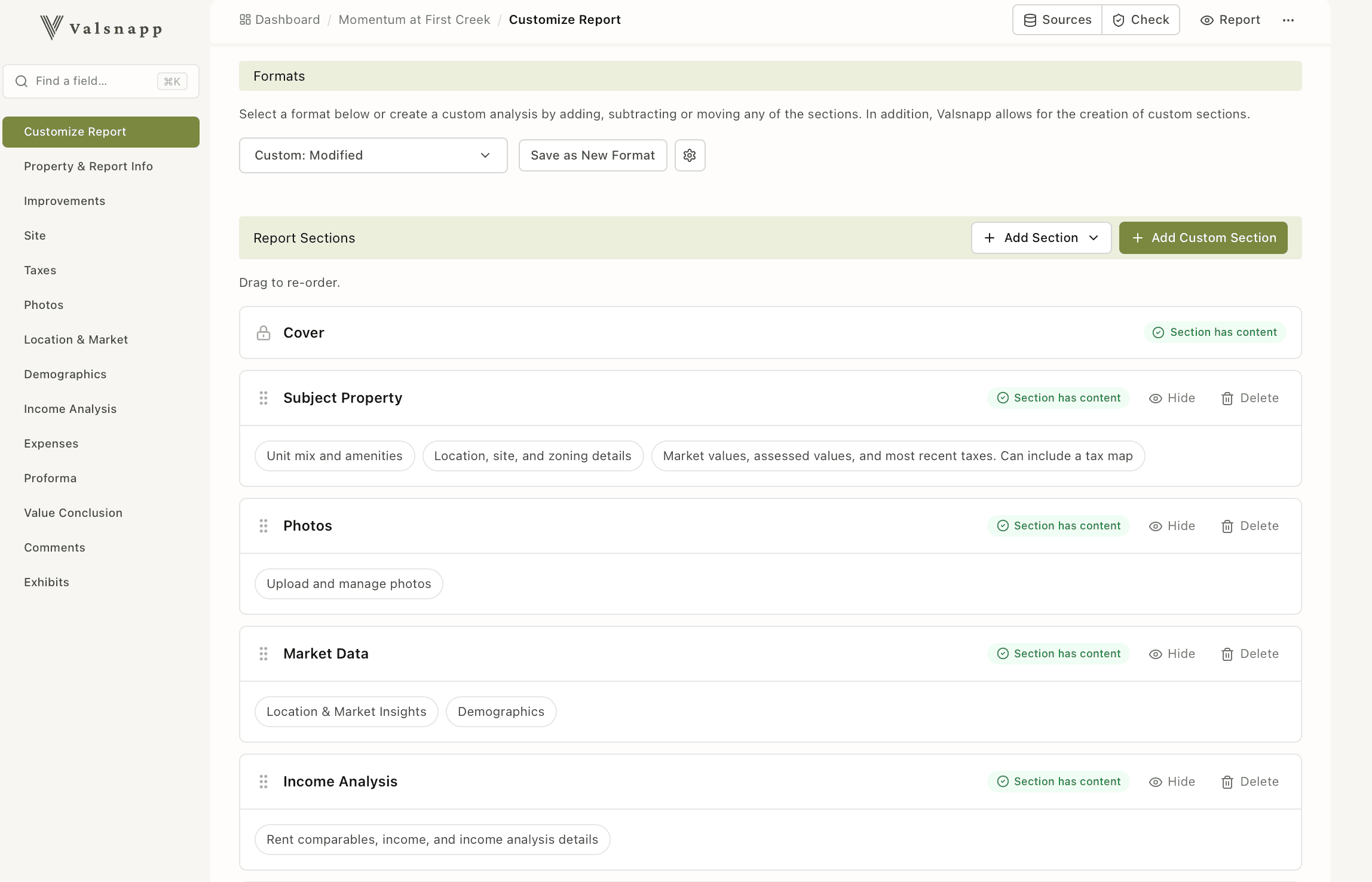 The Valsnapp report template selector, showing the deliverables available from a single property record